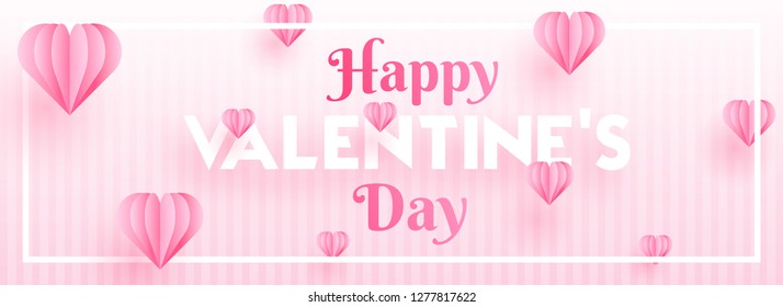 Typography of happy valentine's day with paper origami heart shapes on pink stripe background. Header or banner design.