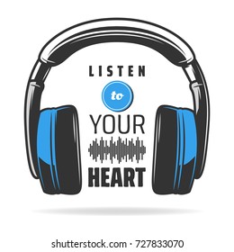 typography with headphones, isolated music concept vector design, t shirt graphics, vector icon, blue
