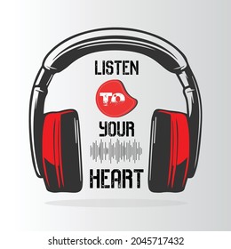 typography with headphones, music cover, logo, emblem, concept design, t shirt graphics, vector icon, red