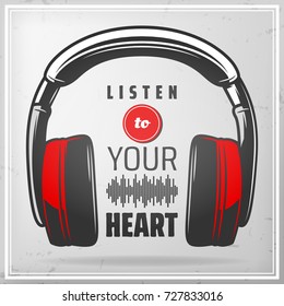 typography with headphones, music cover, logo, emblem, concept design, t shirt graphics, vector icon, red