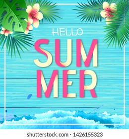 Typography hello summer beach party poster on wooden grunge background with tropic leaves