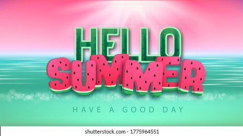 Typografie Hallo Sommerplakat mit Wassermelone auf Strandhintergrund. Sommerlicher Hintergrund
