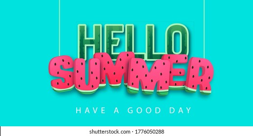 Typografía hola afiche de verano con tipo sandía sobre fondo azul. Fondo de verano
