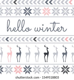typography hello winter and patterns with gray and pink deer and snowflake