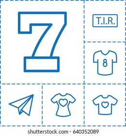 Typography icon. set of 6 typography outline icons such as 7 number, tir, t-shirt with heart, paper plane