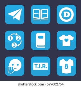 typography icon. Set of 9 filled typography icons such as d letter, bye emot, TIR, t-shirt with heart, photo album, football t shirt, 1 2 3