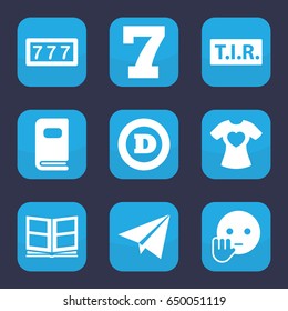 Typography icon. set of 9 filled typography icons such as 7 number, d letter, bye emot, tir, t-shirt with heart, photo album