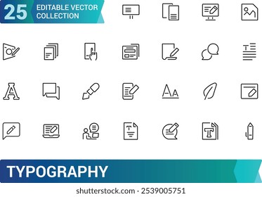 Typography icon set. Containing font, letters, alphabet, text, design, typesetting, layout, format, and more. Line vector icons collection. Vector illustration.
