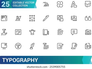 Typography icon set. Containing font, letters, alphabet, text, design, typesetting, layout, format, and more. Line vector icons collection. Vector illustration.