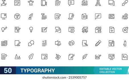 Typography icon set. Containing font, letters, alphabet, text, design, typesetting, layout, format, and more. Line vector icons collection. Vector illustration.