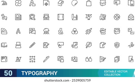 Conjunto de iconos tipográficos. Contiene fuente, letras, alfabeto, texto, diseño, composición tipográfica, diseño, formato y más. Colección de iconos vectoriales de línea. Ilustración vectorial.