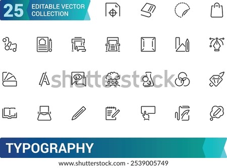 Typography icon set. Containing font, letters, alphabet, text, design, typesetting, layout, format, and more. Line vector icons collection. Vector illustration.