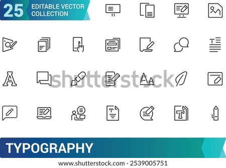 Typography icon set. Containing font, letters, alphabet, text, design, typesetting, layout, format, and more. Line vector icons collection. Vector illustration.