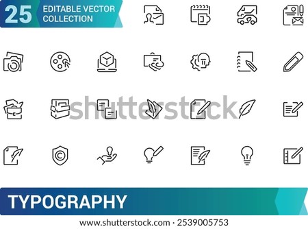 Typography icon set. Containing font, letters, alphabet, text, design, typesetting, layout, format, and more. Line vector icons collection. Vector illustration.