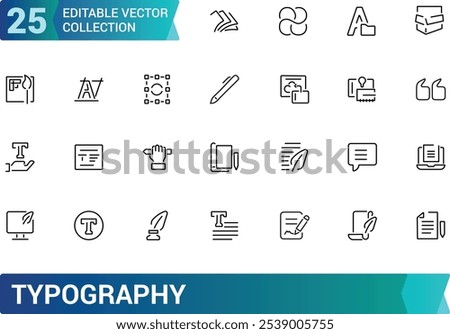 Typography icon set. Containing font, letters, alphabet, text, design, typesetting, layout, format, and more. Line vector icons collection. Vector illustration.