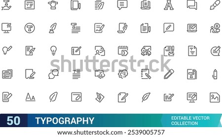 Typography icon set. Containing font, letters, alphabet, text, design, typesetting, layout, format, and more. Line vector icons collection. Vector illustration.