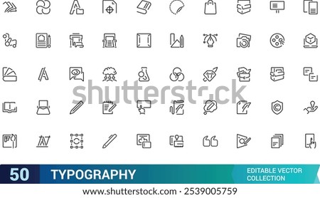 Typography icon set. Containing font, letters, alphabet, text, design, typesetting, layout, format, and more. Line vector icons collection. Vector illustration.