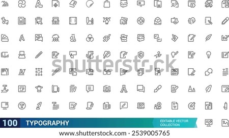 Typography icon set. Containing font, letters, alphabet, text, design, typesetting, layout, format, and more. Line vector icons collection. Vector illustration.