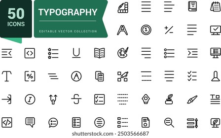Typography icon set. Creativity and graphic design related editable stroke outline icons set. Pixel perfect, minimalistic web and UI icon. Outline icon collections.