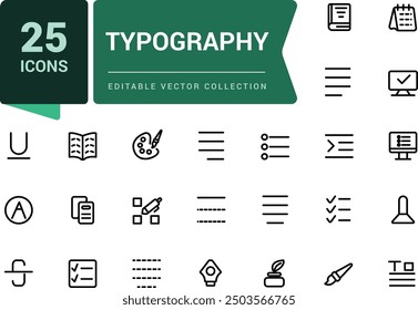 Typography icon set. Creativity and graphic design related editable stroke outline icons set. Pixel perfect, minimalistic web and UI icon. Outline icon collections.
