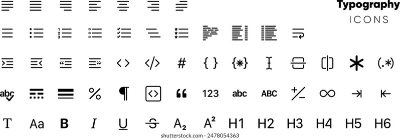 Typography icon set designed for graphic design software. Includes icons for paragraph line, alignment, indentation, heading, font type, asterisk, subscript, superscript, bold, italics for Print