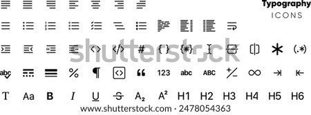 Typography icon set designed for graphic design software. Includes icons for paragraph line, alignment, indentation, heading, font type, asterisk, subscript, superscript, bold, italics for Print