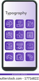 typography icon set. included shopping bag, handshake, sale, shop, shirt, package, towel, jacket, placeholder, delivery truck icons on phone design background . linear styles.