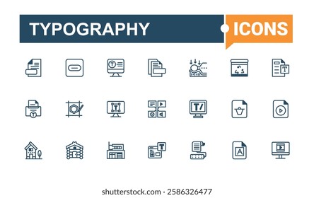 Typography icon set. Includes thin line tool, art, paintbrush, element, digital, creativity, brain, studio. Thin icon design. Vector icons editable stroke.