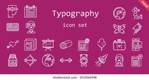 typography icon set. line icon style. typography related icons such as newspaper, bride, cotton candy, barbell, conserve, space shuttle, girl, agenda, creative, cupid, presentation, open book