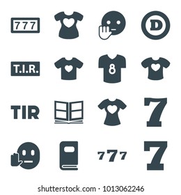 Typography icons. set of 16 editable filled typography icons such as 7 number, d letter, bye emot, tir, t-shirt with heart, photo album