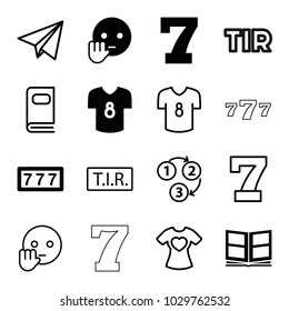 Typography icons. set of 16 editable filled and outline typography icons such as 7 number, bye emot, photo album, football t shirt, tir, t-shirt with heart, 1 2 3