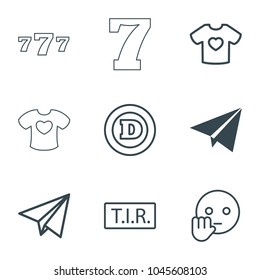 Typography icons. set of 9 editable outline typography icons such as paper plane, d letter, bye emot, tir, t-shirt with heart