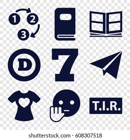 Typography icons set. set of 9 typography filled icons such as 7 number, d letter, bye emot, TIR, t-shirt with heart, photo album, 1 2 3