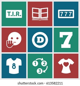 Typography icons set. set of 9 typography filled icons such as 7 number, d letter, bye emot, TIR, t-shirt with heart, photo album, football t shirt