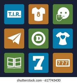 Typography icons set. set of 9 typography filled icons such as 7 number, d letter, bye emot, TIR, t-shirt with heart, photo album, football t shirt