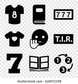 Typography icons set. set of 9 typography filled icons such as 7 number, bye emot, TIR, t-shirt with heart, photo album, football t shirt