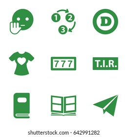 Typography icons set. set of 9 typography filled icons such as 7 number, d letter, bye emot, tir, t-shirt with heart, photo album, 1 2 3