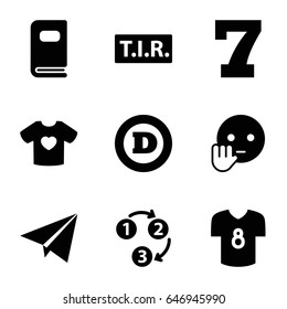 Typography icons set. set of 9 typography filled icons such as 7 number, d letter, bye emot, tir, t-shirt with heart, photo album, football t shirt, 1 2 3