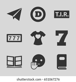 Typography icons set. set of 9 typography filled icons such as 7 number, d letter, bye emot, tir, t-shirt with heart, photo album