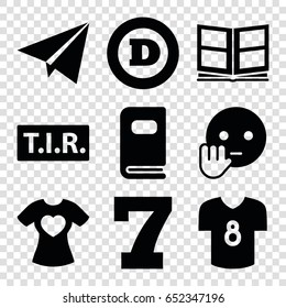 Typography icons set. set of 9 typography filled icons such as 7 number, d letter, bye emot, tir, t-shirt with heart, photo album, football t shirt