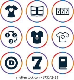 Typography icons set. set of 9 typography filled and outline icons such as 7 number, d letter, t-shirt with heart, photo album, football t shirt