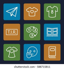 typography icons set. Set of 9 typography outline icons such as TIR, t-shirt with heart, photo album, 1 2 3, paper plane, football t shirt