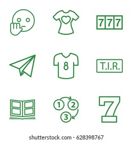 Typography icons set. set of 9 typography outline icons such as 7 number, TIR, t-shirt with heart, photo album, 1 2 3, paper plane, football t shirt