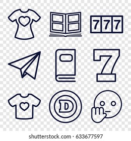 Typography icons set. set of 9 typography outline icons such as 7 number, d letter, t-shirt with heart, photo album, paper plane