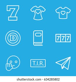Typography icons set. set of 9 typography outline icons such as 7 number, d letter, tir, t-shirt with heart, photo album, paper plane