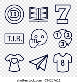 Typography icons set. set of 9 typography outline icons such as 7 number, d letter, tir, t-shirt with heart, photo album, 1 2 3, paper plane, football t shirt