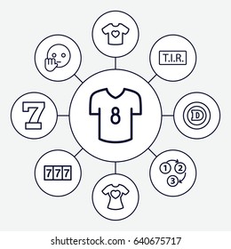 Typography icons set. set of 9 typography outline icons such as 7 number, d letter, tir, t-shirt with heart, 1 2 3, football t shirt