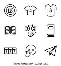 Typography icons set. set of 9 typography outline icons such as 7 number, d letter, t-shirt with heart, photo album, 1 2 3, paper plane, football t shirt
