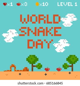 Typography illustration celebrating World Snake Day decorated with a snake slithering on the ground down below.