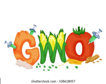 Typography Illustration Featuring the Acronym GMO Drawn Like Fruits and Vegetables Being Injected with Chemicals